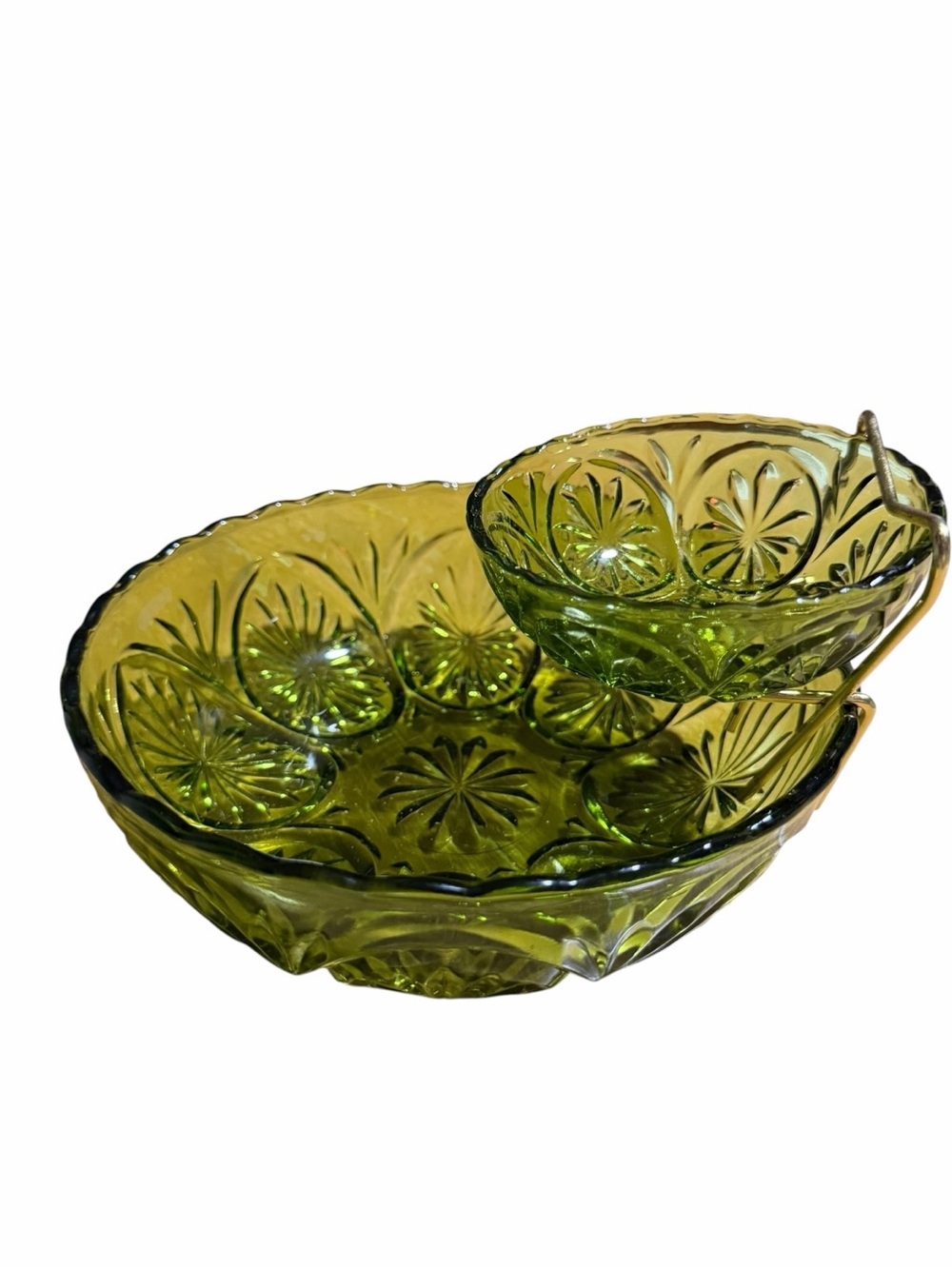 Libbey Green Pressed Glass Bowl Set with Gold-Tone Carrier
